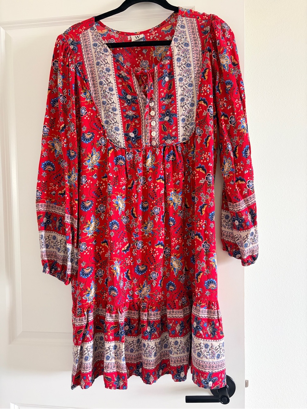 Women's Red Floral Boho Dress with Contrast Yoke
